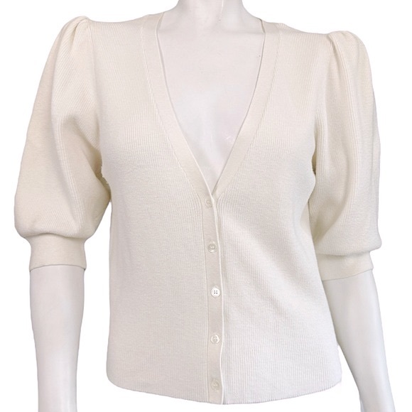 Frame Denim Sweaters - JOCELYN Frame Cream Silk/Cotton Knit Cropped Puff Sleeve V-Neck Cardigan